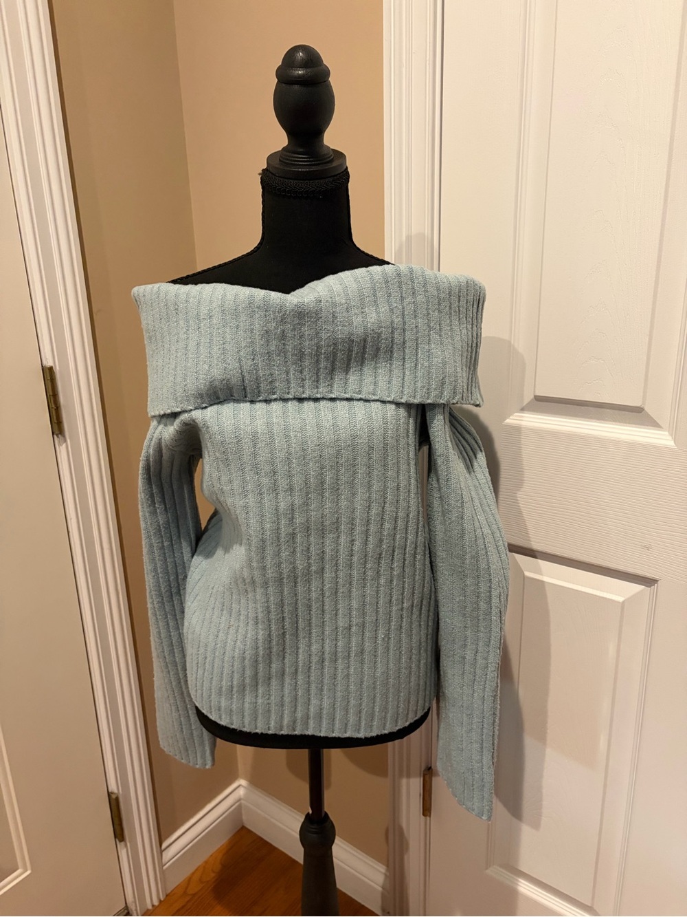 Pink Rose Off-the-Shoulder Ribbed Sweater in Light Blue